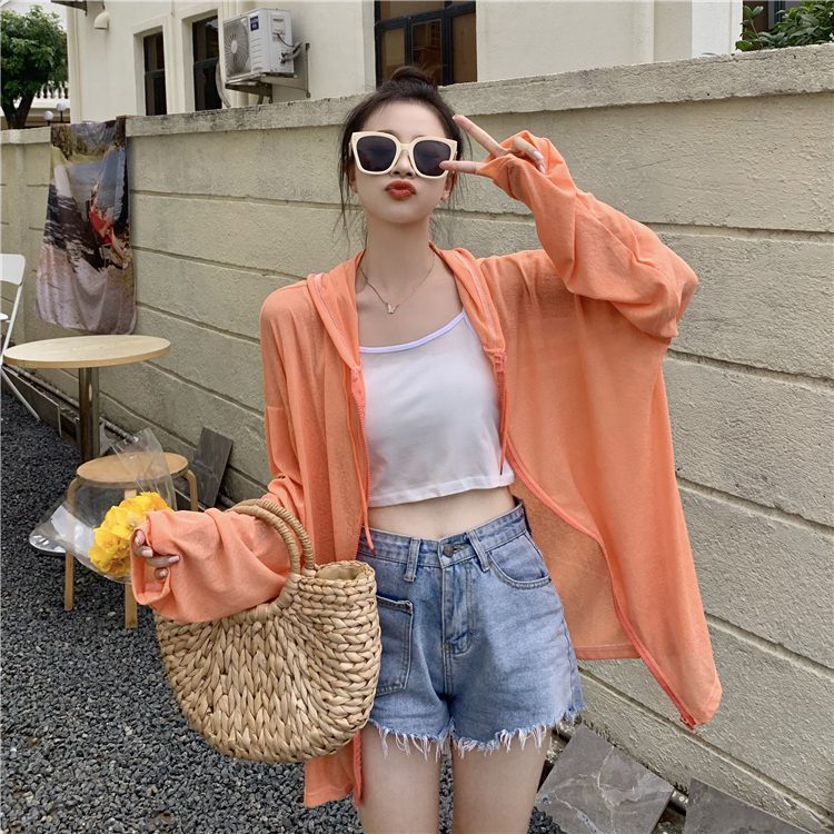 Real price ~ summer ins fashion thin breathable shirt women's drawstring hooded loose sunscreen