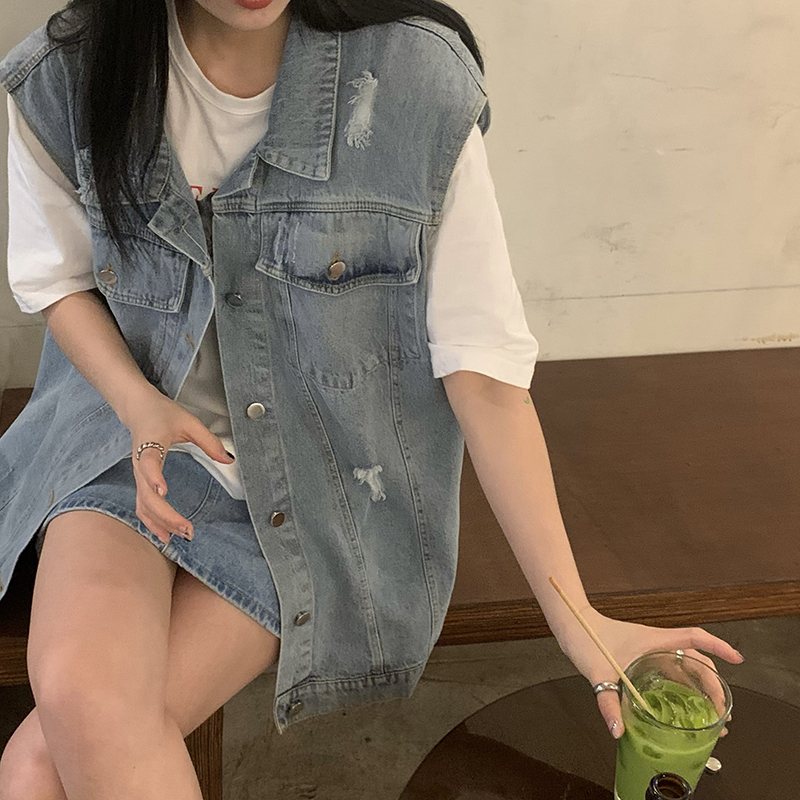 Real price ~ Hong Kong Style ins personalized perforated shirt Lapel casual design Denim Vest