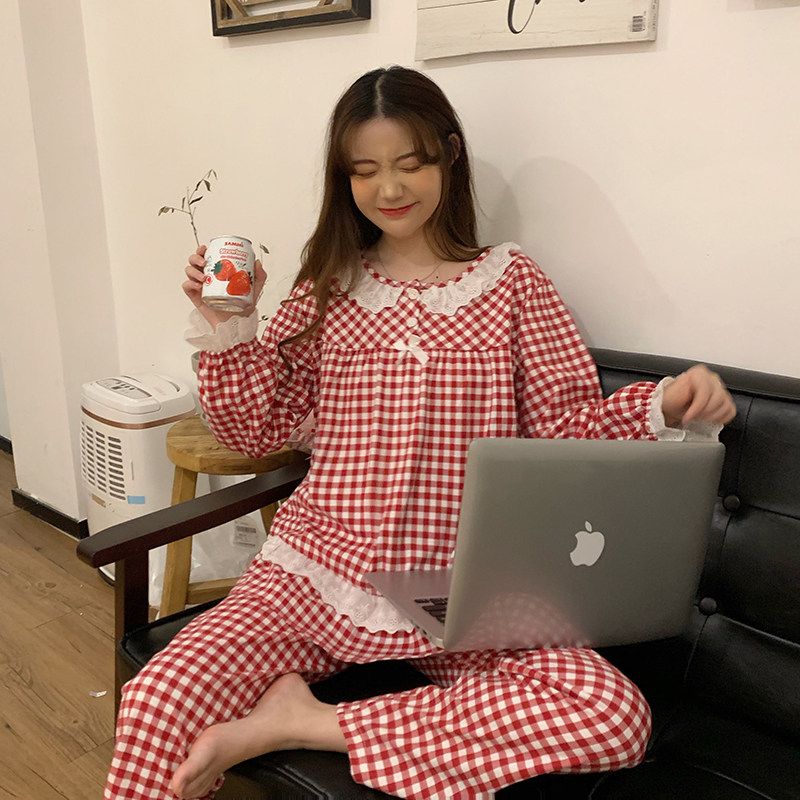 Korean sweet Plaid housewear pajamas women's slacks suit