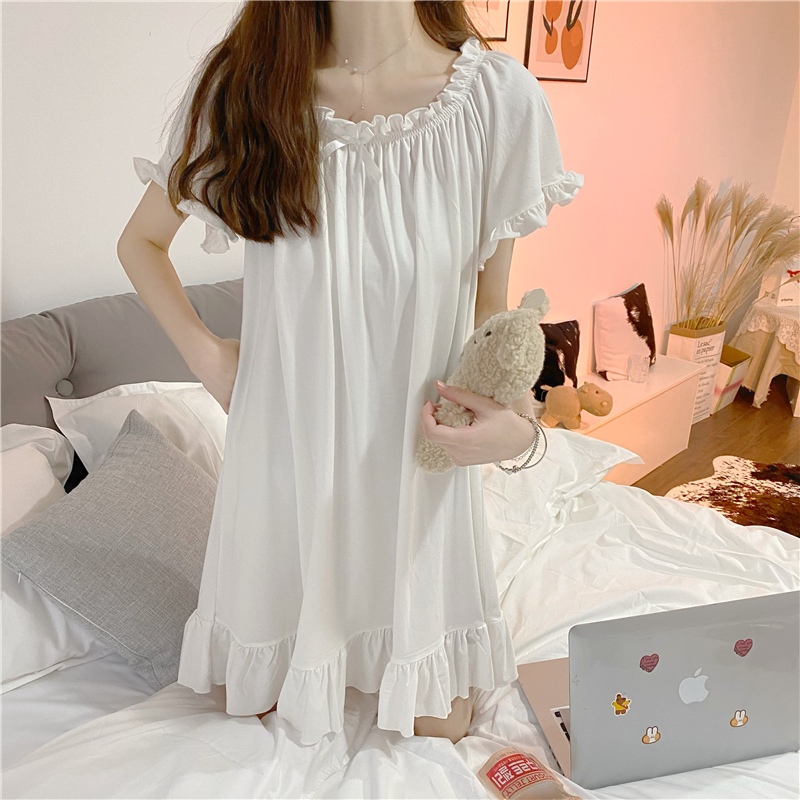 Real price ~ French sweet loose nightdress BOW White Ruffle Short Sleeve Dress