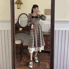 Real price ~ Sweet waist Plaid long skirt women's contrast color bow show thin dress