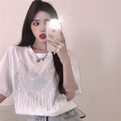 實拍實價~設計感潮流亮面T恤寬鬆ins心機2021新款假兩件套