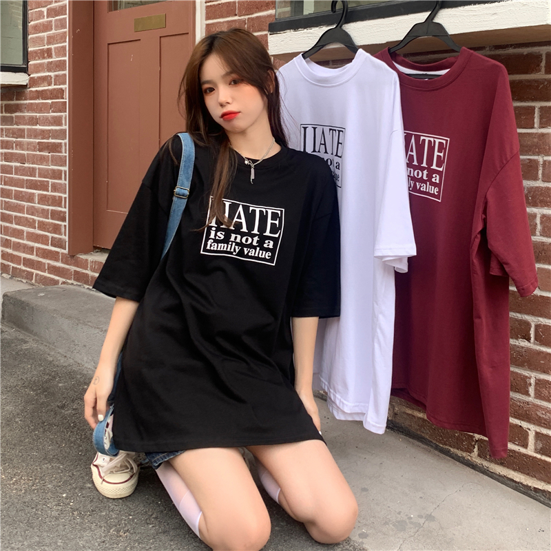 Real price ~ foreign style simple style missing T-shirt loose personality versatile letter half sleeve
