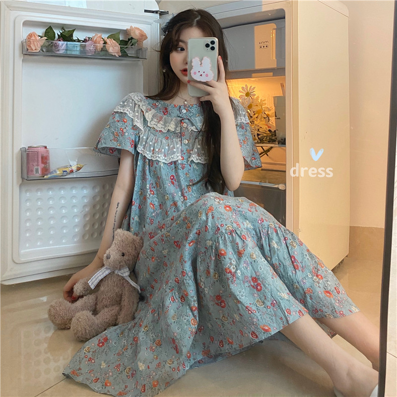 Real price ~ summer Vintage stitching mesh loose pajamas suit floral Ruffle Nightgown