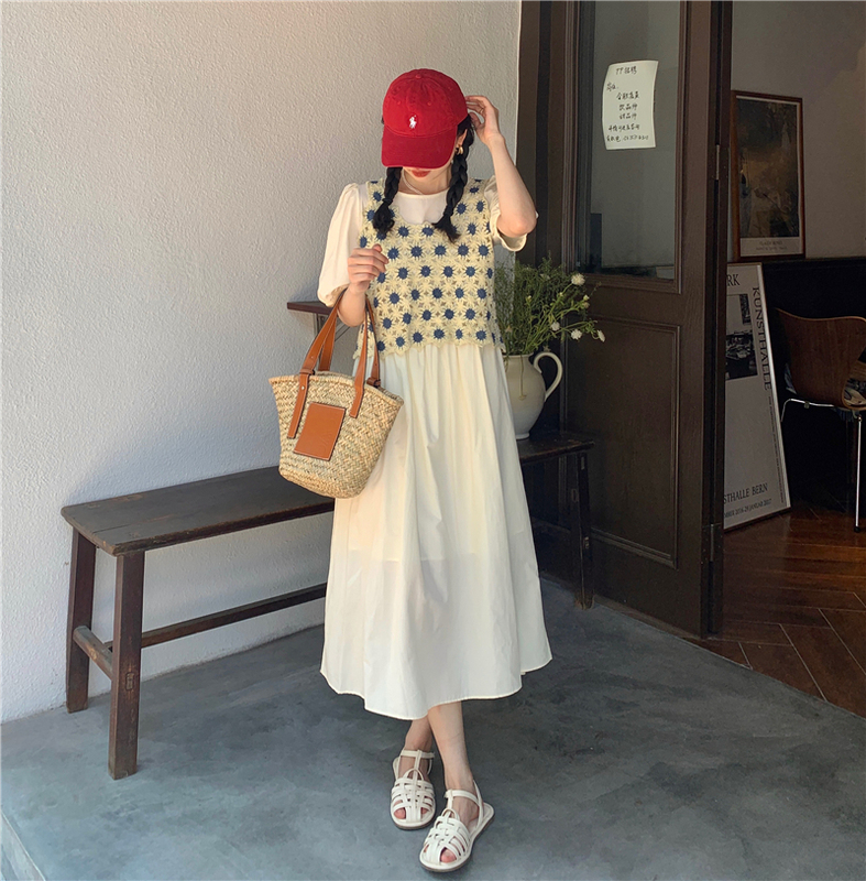 Real price ~ summer Vintage Daisy waistcoat + short sleeve loose solid color dress suit