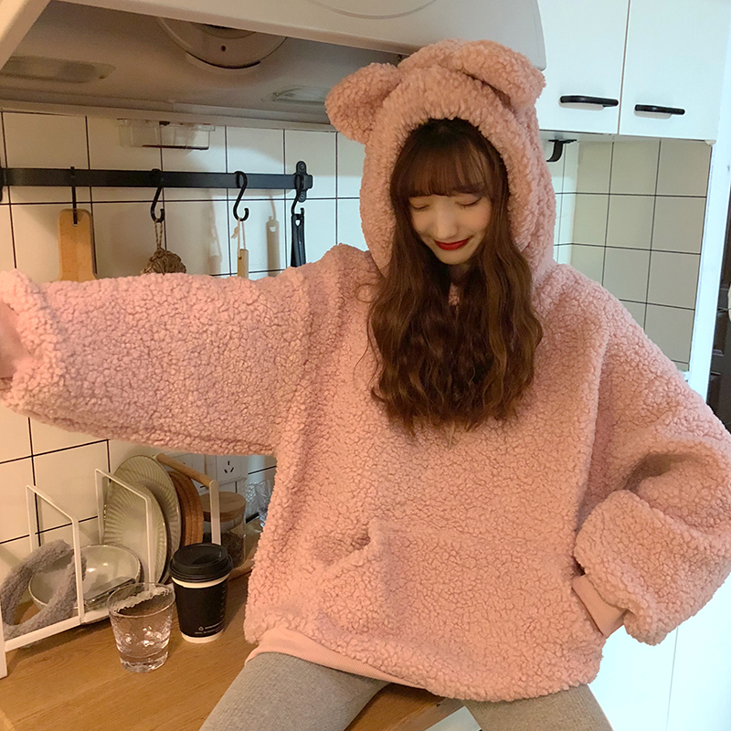 Real shot real price spring and summer Hanfeng chic cute rabbit ear hooded lamb wool sweater girl