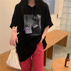 實拍實價~洋氣ins歐美個性印花T寬鬆潮流顯瘦半袖落肩上衣