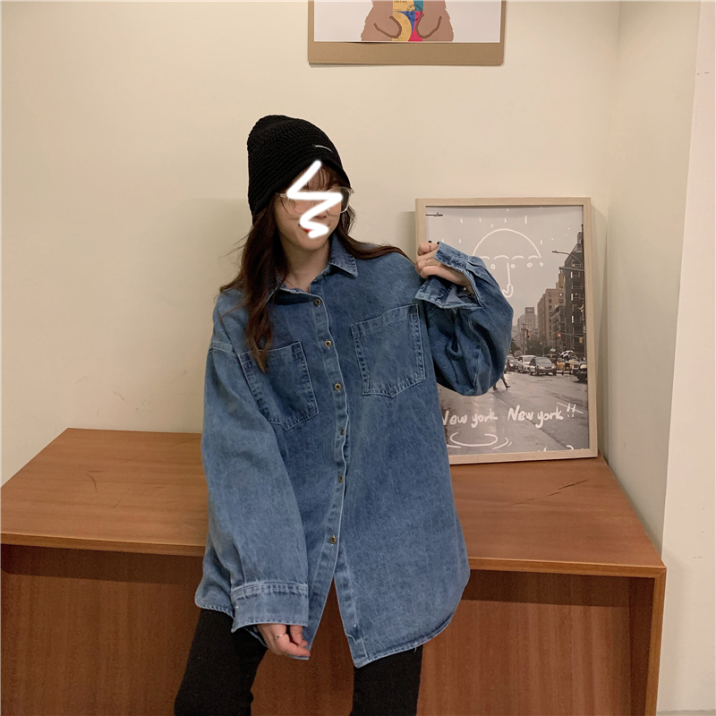 Hong Kong style retro denim shirt design feeling loose long sleeve coat