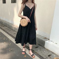 Real price ~ solid V-Neck long suspender dress
