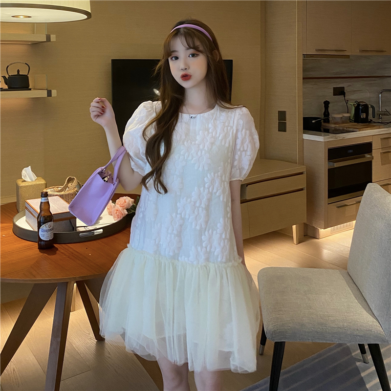 Real shot real price ~ versatile stitching mesh heart pattern round neck skirt dress