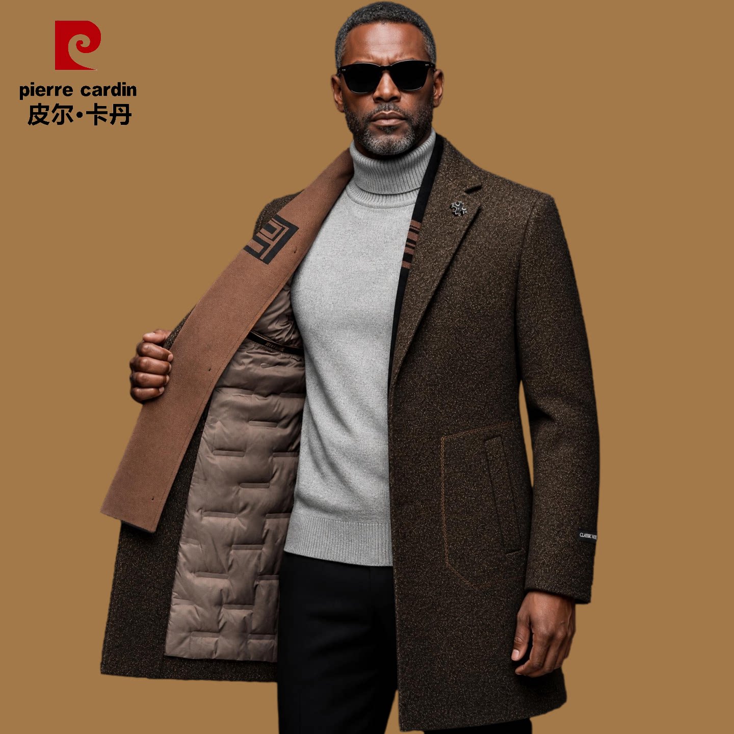 皮尔卡丹男装冬季毛呢子大衣白鸭绒商务中老年羽绒服夹克男士外套