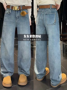 潮 直筒裤 原创设计欧洲站2025年冬冬季 植绒狐狸毛球立体剪裁牛仔裤