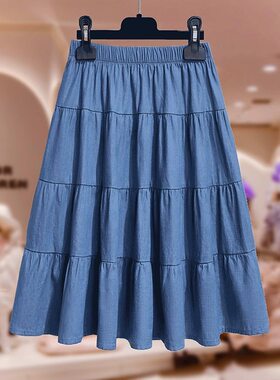 女童夏季新款时髦纯色半身裙中小学生女孩洋气松紧腰外穿牛仔裙子