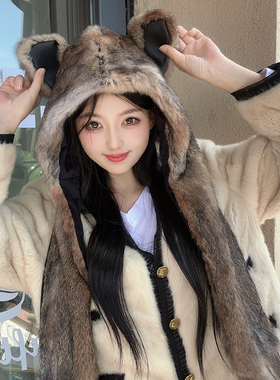狐狸耳朵毛绒帽子围巾手套一体女冬真兔毛皮草保暖护耳防寒三件套