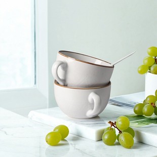 三瓷家 白色浮雕陶瓷杯马克杯家用大汤杯燕麦杯大容量杯碗700ml