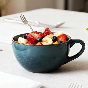 三瓷家 釉下彩超大容量陶瓷马克杯碗家用浮雕波点燕麦杯个人专用