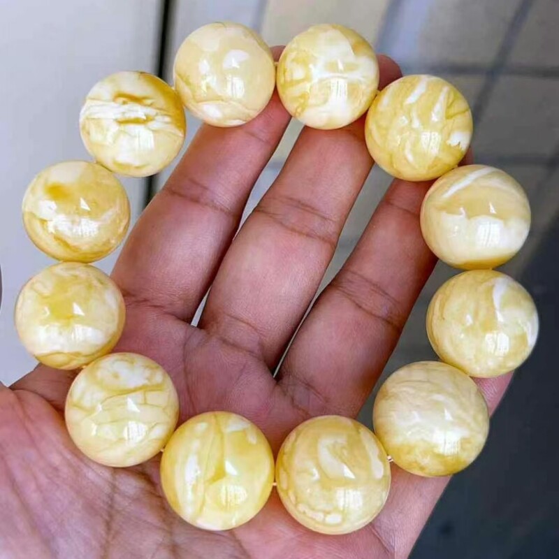 正品天然琥珀俄料精品瓷白妖花蜡19手串男款收藏传承时尚珠宝饰品
