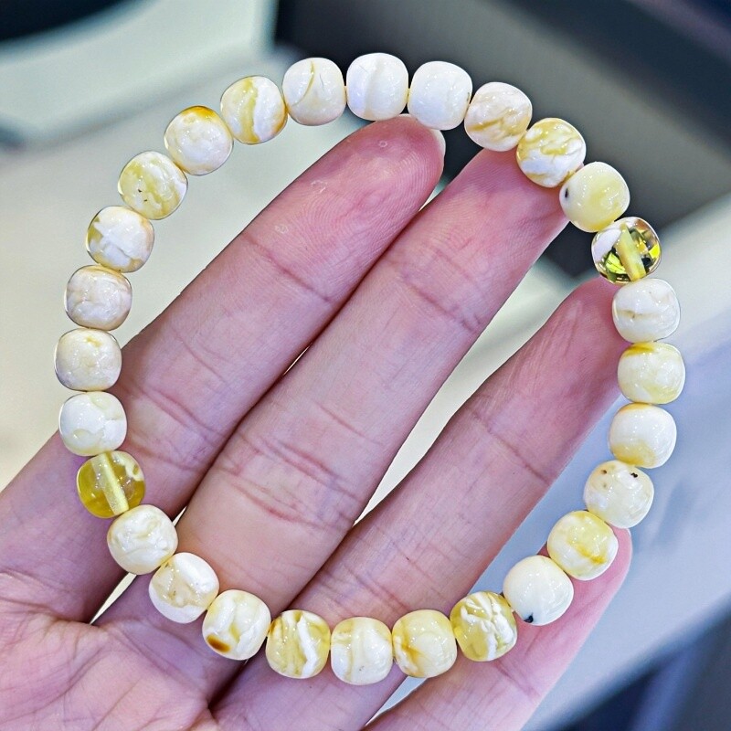 正品天然俄料精品金白妖花蜜蜡 7mm老型手串时尚文玩百搭珠宝饰品