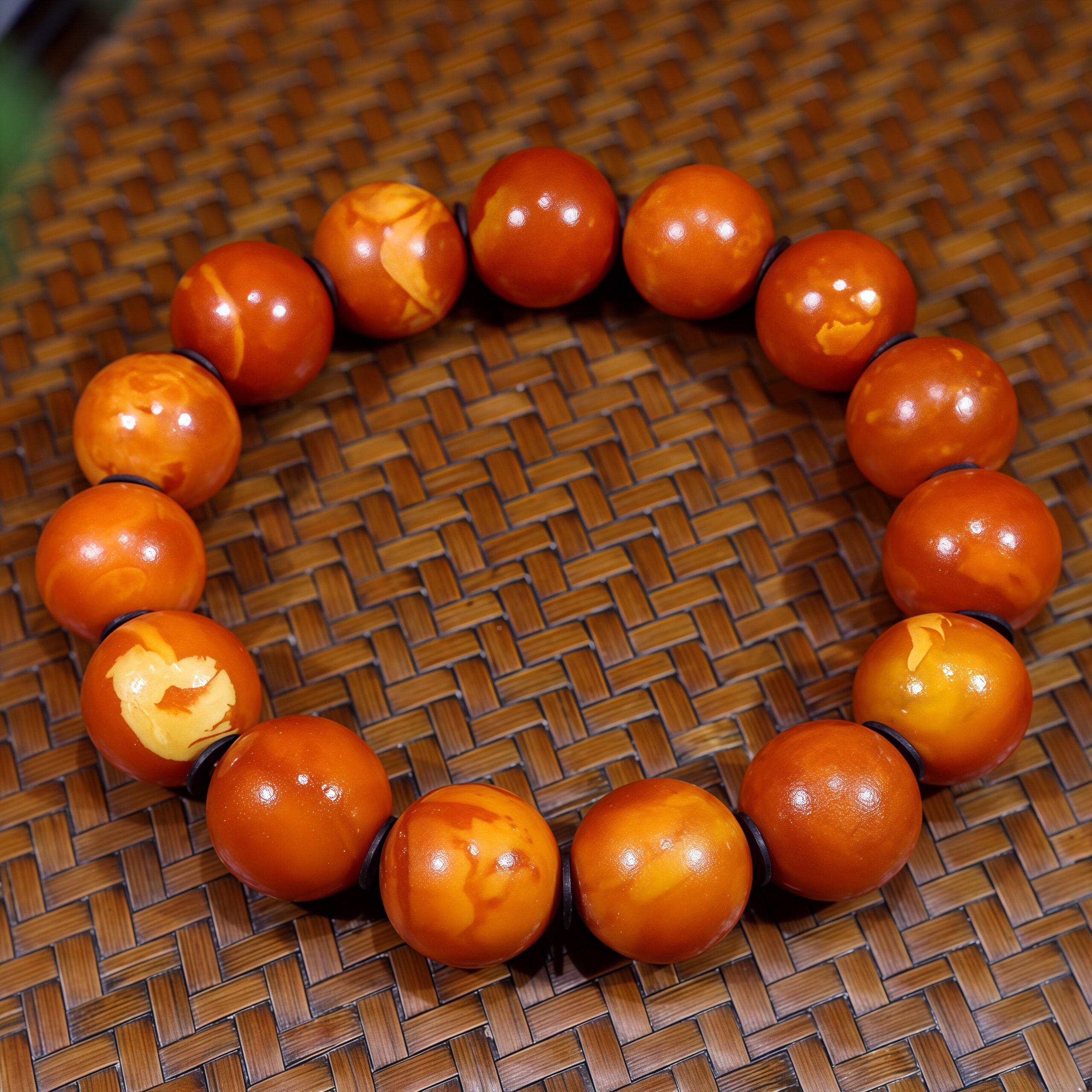 正品天然俄料蜜蜡老花蜡手串14mm红皮花蜡妖花纹手链文玩珠宝饰品