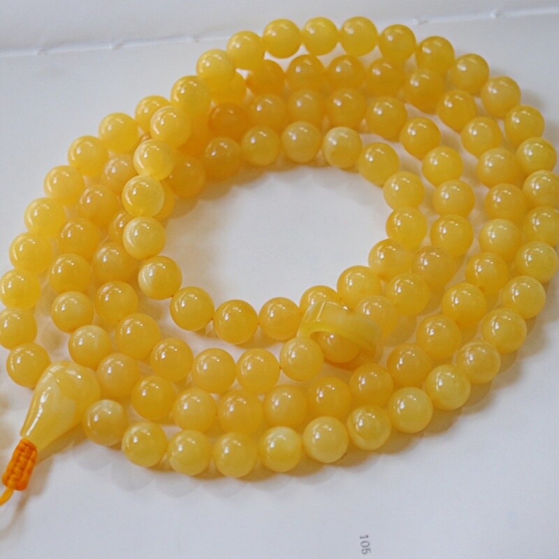 正品天然俄料精品鸡油黄蜜蜡9.5mm108颗佛珠手串文玩收藏珠宝饰品