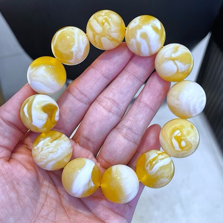 正品天然俄料精美金瓷白溶洞妖花蜜蜡20mm圆珠手串文玩珠宝饰品