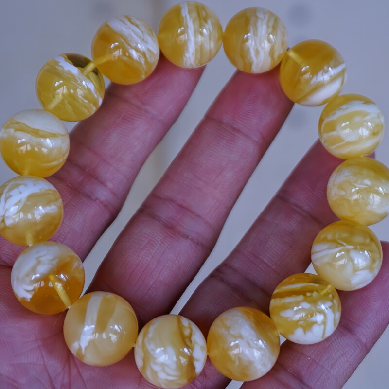 正品天然俄料精品虎皮纹金瓷白蜡蜜蜡15mm手串文玩收藏珠宝饰品