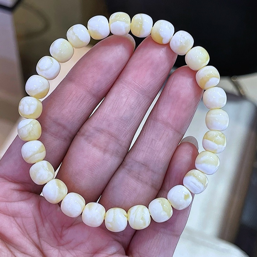 正品天然俄料精品橘底白花蜡蜜蜡7.5mm高桩老型手链文玩珠宝饰品