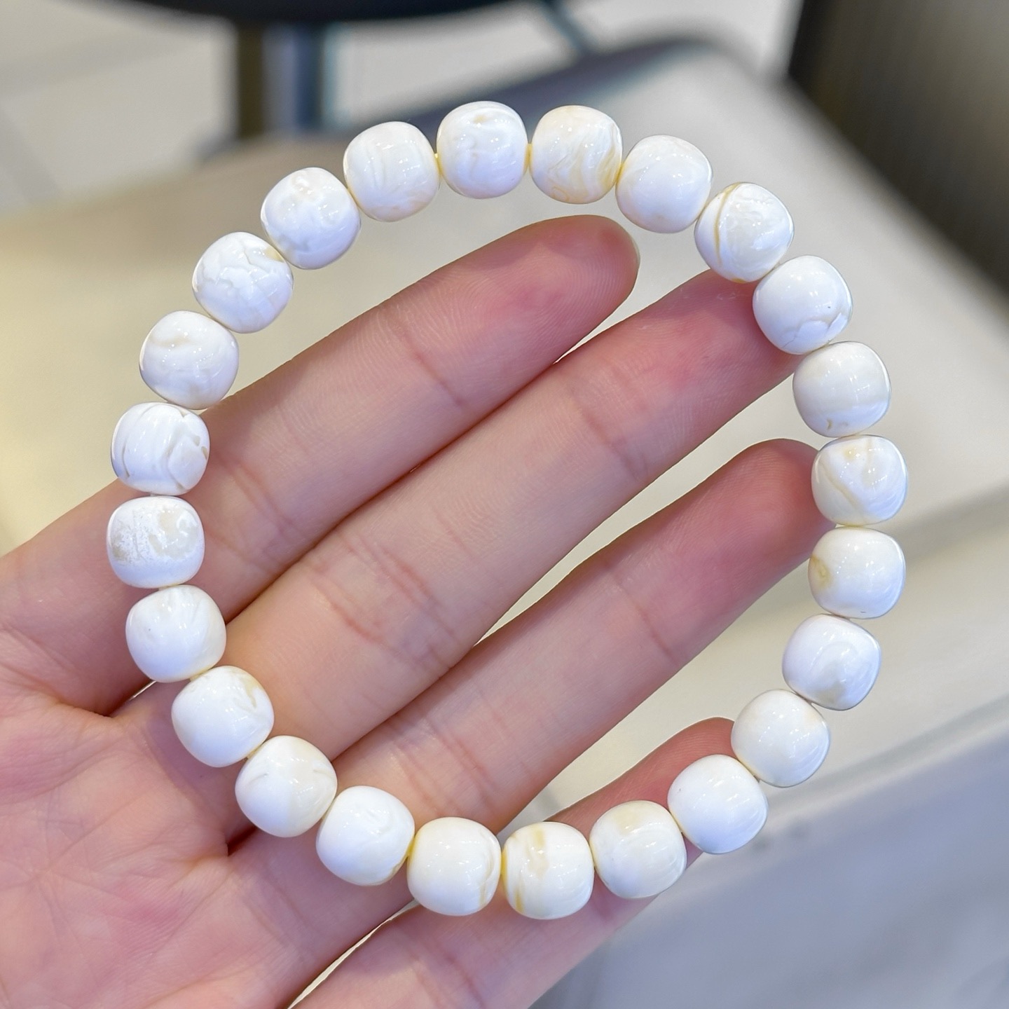 正品天然俄料精品瓷白蜡蜜蜡8.5mm高桩老型手链女款文玩珠宝饰品