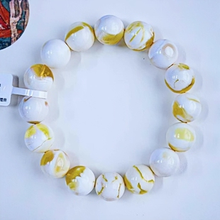 正品 天然俄料蜜蜡高品质妖孽金瓷白13.6mm圆珠手串文玩珠宝饰品