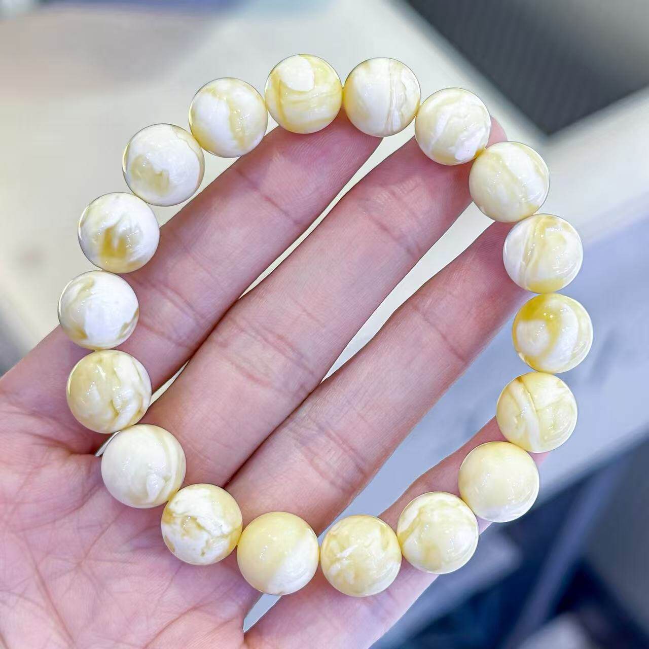 正品天然俄料精品原矿浓白花蜡蜜蜡11mm圆珠手串文玩收藏珠宝饰品