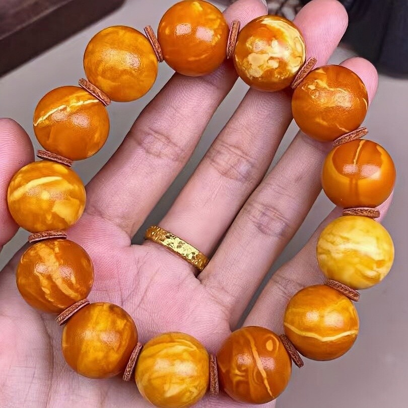 正品天然俄料精品橘皮老蜡蜜蜡17mm圆珠手串男款文玩收藏珠宝饰品