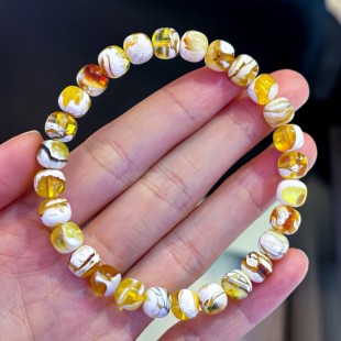正品 天然俄料精品妖孽金瓷白蜜蜡7.5mm老型手链文玩收藏珠宝饰品