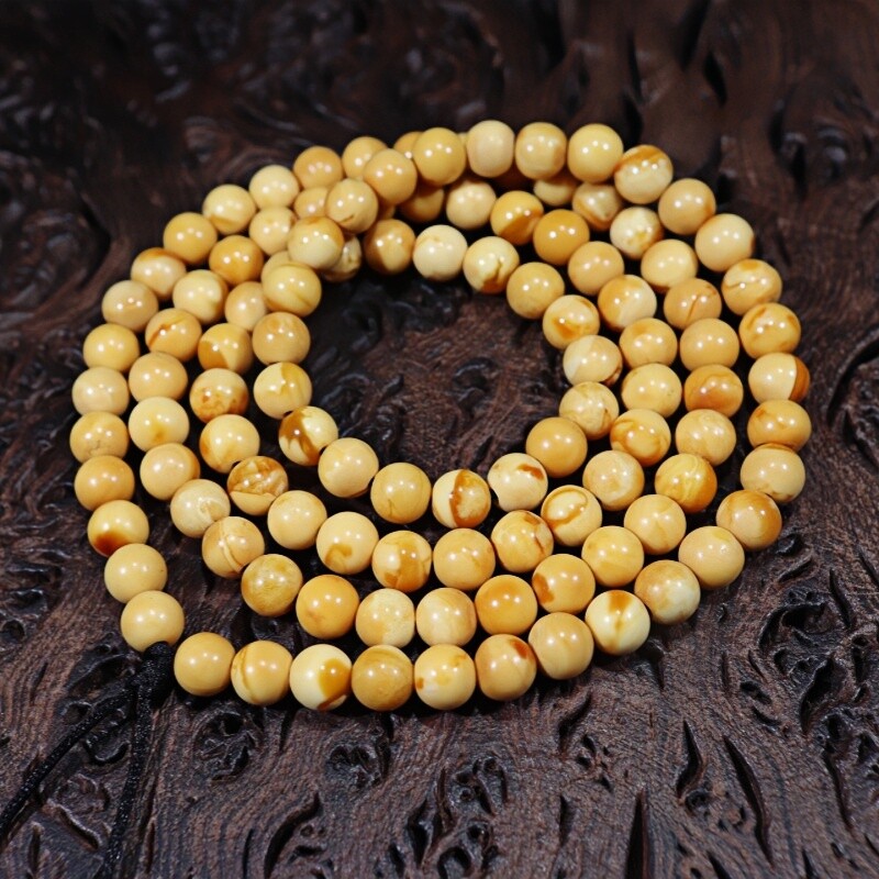 正品天然俄料干白石膏老花蜡蜜蜡6mm圆珠108佛珠文玩百搭珠宝饰品