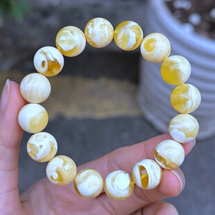 正品 天然俄料原矿妖花金瓷白蜜蜡12mm圆珠手链文玩收藏级珠宝饰品