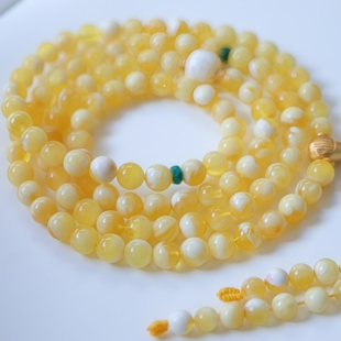 正品天然俄料蜜蜡多圈手串7.5mm金白蜡108佛珠文玩收藏珠宝饰品