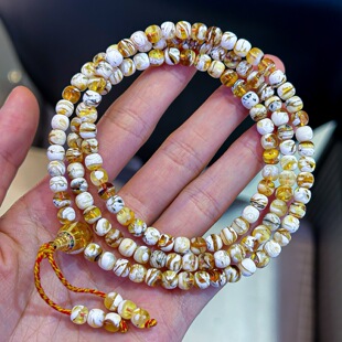 正品 天然俄料精品妖孽金瓷白蜜蜡5.5mm老型108佛珠文玩珠宝饰品