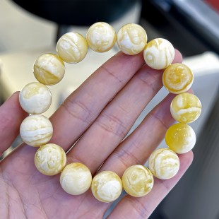 正品 手串文玩收藏珠宝饰品 天然俄料精品白花蜡蜜蜡14mm圆珠男女款