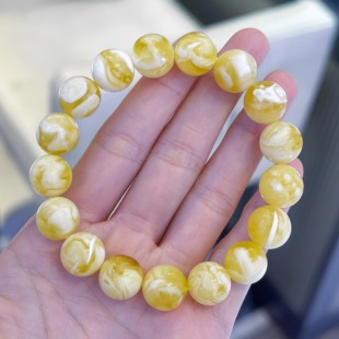 正品 天然俄料高品质金白妖花蜜蜡12mm圆珠手串文玩收藏珠宝饰品