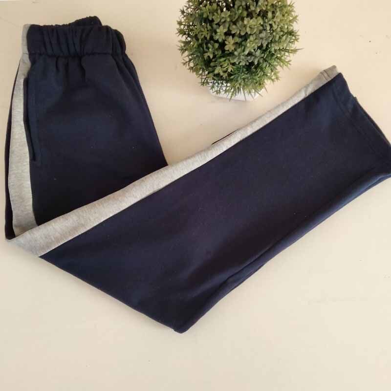 定做纯棉中小学生男女校服长裤深蓝色藏蓝色拼浅灰宽杠运动休闲裤