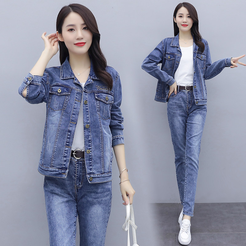 弹力牛仔裤套装女时尚两件套2022秋季新款减龄显瘦牛仔衣 小脚裤