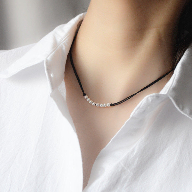 S925纯银项链女夏锁骨链轻奢小众设计感简约超细黑绳手工编织颈链