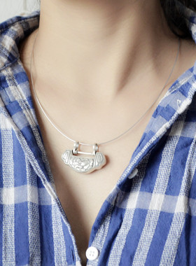 复古民族风平安锁吊坠锁骨链泰银