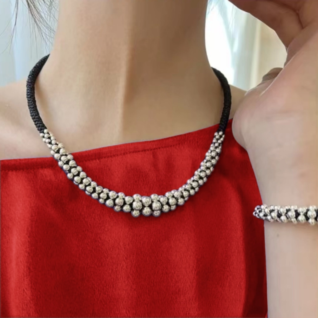 纯银黑绳项链女编织纯银毛衣链