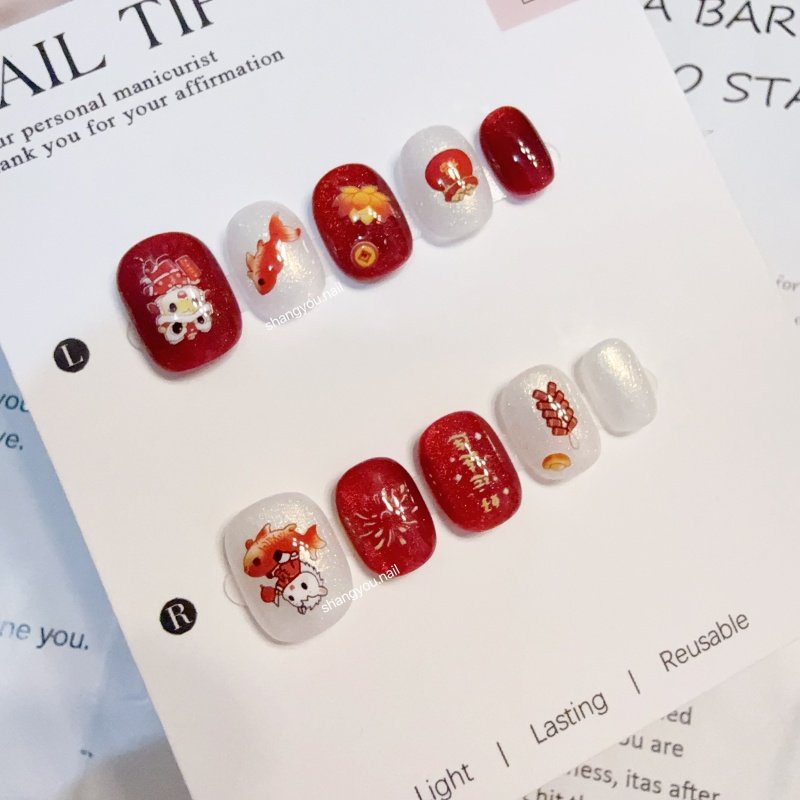 2026马年新款纯手工穿戴甲鱼跃龙门成品甲片新年红色春节假指甲贴,彩妆/香水/美妆工具,穿戴甲/甲片,淘宝优惠券,粉丝福利购,淘宝优惠卷