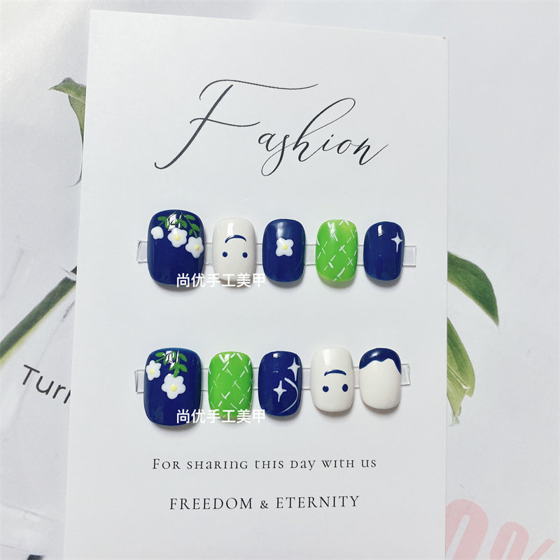 显白纯手工假指甲贴蓝色花朵彩绘美甲春夏气质穿戴甲学生成品甲片