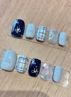 纯手工穿戴甲毛衣蓝格纹成品甲片
