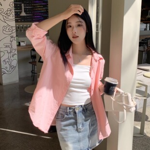 【高品质】春夏洗水棉衬衫蓝色彩色时尚宽松休闲上衣翻领防晒衬衣