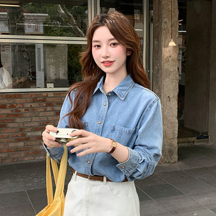 秋季新款蓝色牛仔衬衫女春秋叠穿设计感小众复古港味宽松长袖上衣