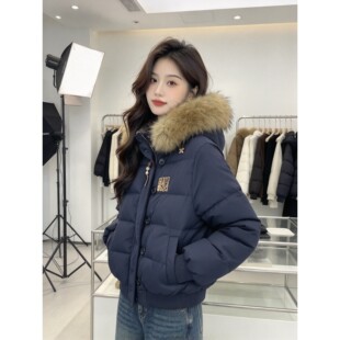 韩系通勤短款棉服女大毛领连帽国风贴布纯色显瘦女士冬季外套