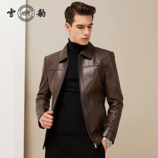 雪豹真皮皮衣男头层绵羊皮时尚 休闲商务轻奢复古翻领皮夹克外套